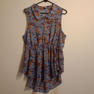 Charlotte Russe sheer blue floral button up high low top size XL